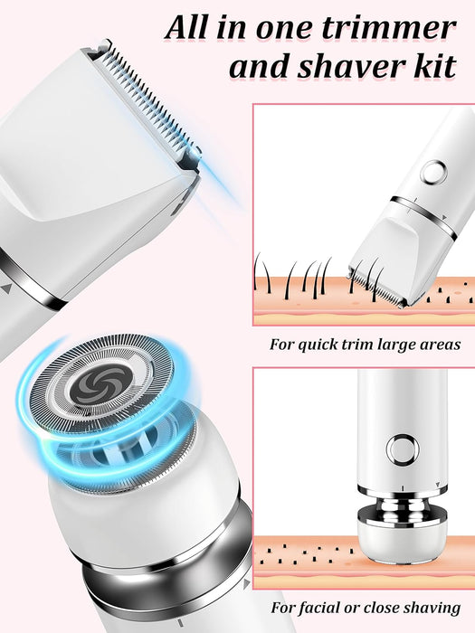 Bikini Trimmer and Shaver Kit for Women - 2-in-1 Wet/Dry Electric Body Hair Trimmer Facial Hair Removal Cordless Waterproof Bikini Shaver Razor for Face Lip Chin Pubic Underarm Legs (White)