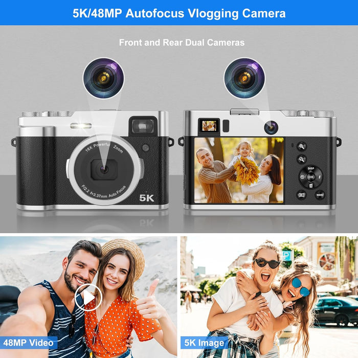 5K Digital Camera for Photography Autofocus 48MP Vlogging Camera for YouTube 16X Digital Zoom Point and Shoot Cameras with SD Card, 2 Batteries, Viewfinder & Mode Dial