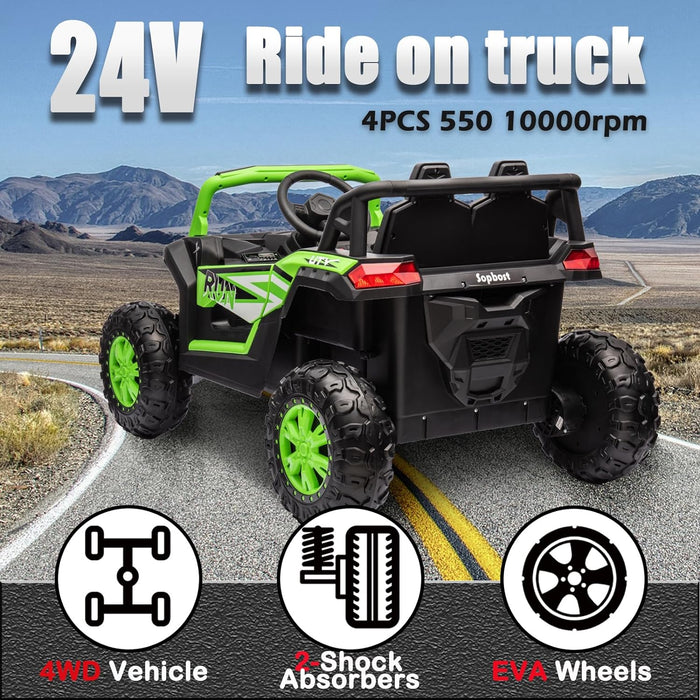 sopbost 24v Kids 4x4 Ride On Truck Power Vehicles Wheels, Ride On Toys Car with Remote Control 4WD Electric Car for Kids Off-Road UTV, EVA Rubber Tire, Music Player, Shock Absorbers, Green