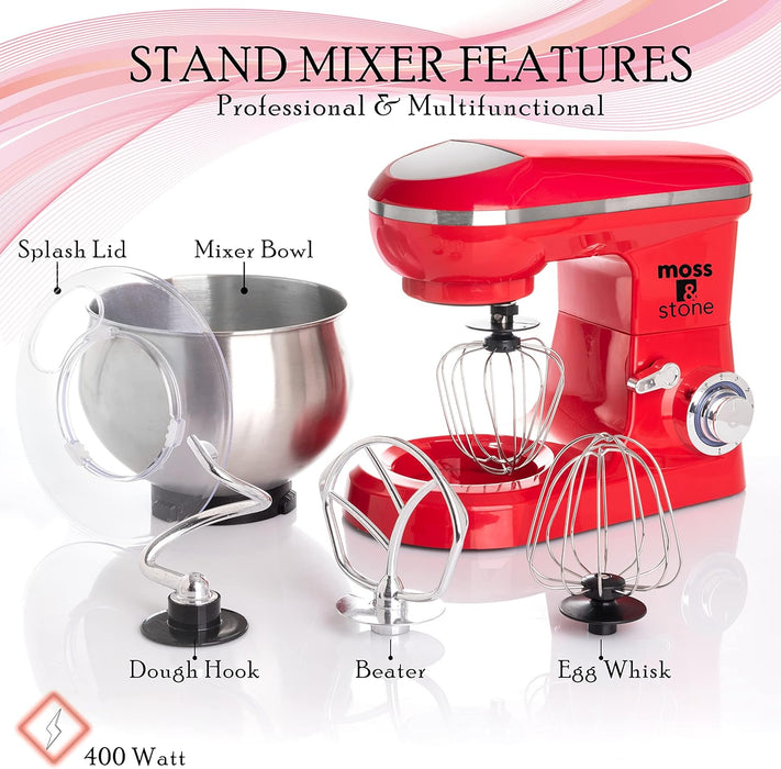 Moss & Stone Stand Mixer, 6 Speed Electric Mixer With 5.5 Quart Stainless Steel Mixing Bowl, Red Body Kitchen Mixer With Dough Hook, Whisk, Beater & Baking Spatula, Classic Food Mixer