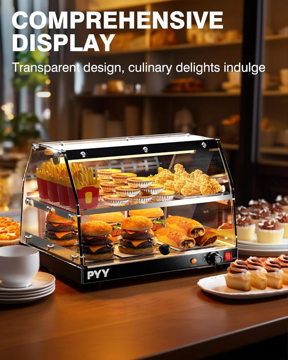 PYY Food Warmer Commercial Countertop Pizza Warmer Countertop 2-Tier with LED Lighting Food Display Warmer Pastry Display Case Pretzel Warmer Machine