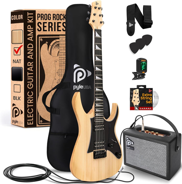 Pyle Prog Rock EG Series Electric Guitar with Amp Kit, 39" Full Size with Dual Humbucker Pickups, Low Profile Neck and Solid Paulownia Body, Premium Accessory Kit Included (Natural)