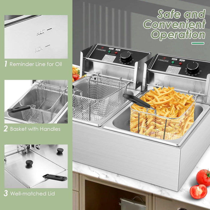 Commercial Deep Fryer - 3400W Electric Deep Fryers with 2x6.35QT Baskets 0.6mm Thickened Stainless Steel