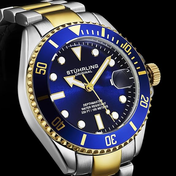 Stuhrling Original Men's Dive Watch, Swiss Movement, Stainless Steel, Blue Dial, Stainless steel Bracelet, 100M Water Resistant