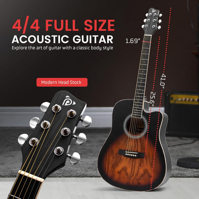 Pyle Steel String Acoustic Guitar Kit, 41" Full Size Cutaway with Ashtree Top, Open Pore Finish, Premium Accessory Set with Armored Gig Bag, Sunburst Teardrop Matte