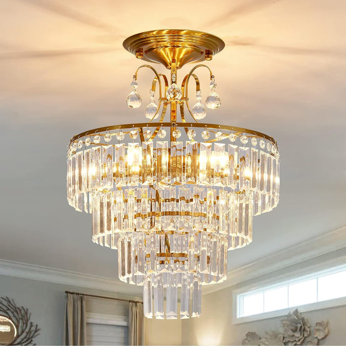 CVKASH 5 -Lights Crystal Gold Chandelier Fixture Modern Semi Flush Mount Ceiling Light with E12 Ceiling Lighting for Bedroom Living Room Kitchen Hallway Dining Room,D15.35 x H20.07