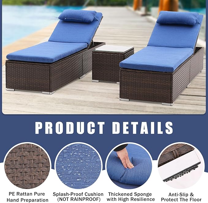 Outdoor Patio Chaise Lounge Chairs, 5-Level Adjustable Rattan Pool Lounger, All Weather Lounge Chair with Coffee Table & Thicken Cushion, for Patio, Backyard, Porch, Garden, Beach, Poolside (3 Pcs)