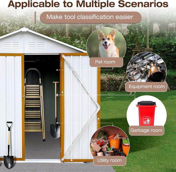 6' × 4' Metal Outdoor Storage Shed with Door & Lock, Waterproof Garde Storage Tool Shed with Base Frame for Backyard Patio,White-Bright Yellow