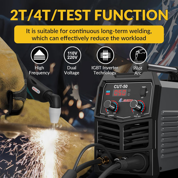 Plasma Cutter, 50 Amp Air Inverter Plasma Cutter, 110V/220V Dual Voltage Digital Display IGBT Inverter Plasma Cutting Machine with 2T/4T/TEST Function