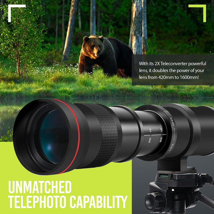 High-Power 420-1600mm f/8.3 HD Manual Telephoto Zoom Lens for Canon EOS 80D, EOS 90D, Rebel T3, T3i, T5, T5i, T6i, T6s, T7, T7I, T8I, SL3, EOS 70D, EOS 5D, EOS5D IV, EOS 6D II, EOS 7D II SLR Cameras