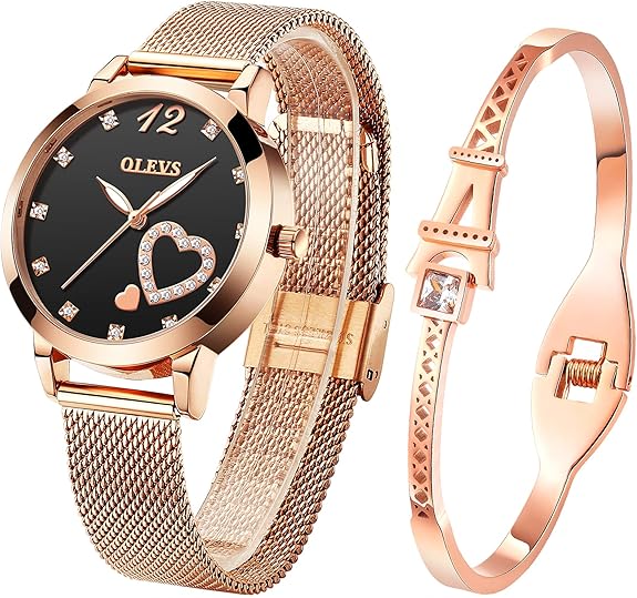 OLEVS Womens Watch Gifts Set with Bracelet Rose Gold for Lady Female Minimalist Simple Slim Thin Casual Dress Analog Quartz Wrist Watches Waterproof Two Tone