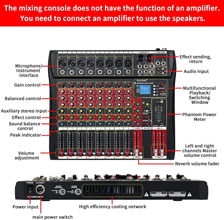 FULODE CT-80S Professional audio mixer 8 Channel with MP3 Player+Bluetooth U disk 48V Phantom Power Source USB recording