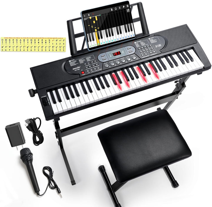 61 Keys Keyboard Piano for Beginners Electric Digital Piano with Light-Up Keys, Built-In Dual Speakers, LCD Screen, Stand, Foldable Bench, Microphone, Sheet Music Stand and Keyboard Sticker