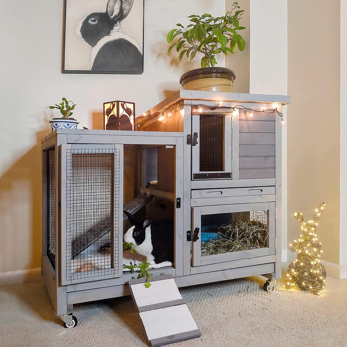 Aivituvin Wooden Bunny Hutch Indoor- Outdoor Rabbit Guinea Pig Cage for Small Animals with Exclusive Two Trays & Bottom Wire Mesh (Grey)