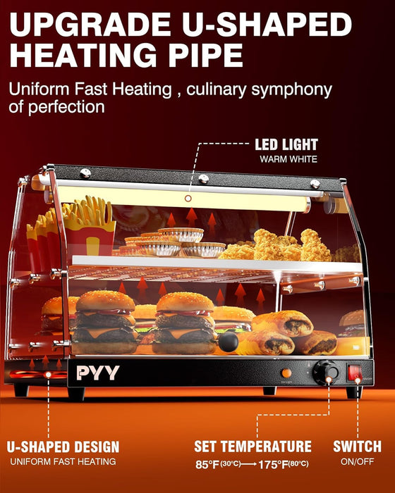 PYY Food Warmer Commercial Countertop Pizza Warmer Countertop 2-Tier with LED Lighting Food Display Warmer Pastry Display Case Pretzel Warmer Machine