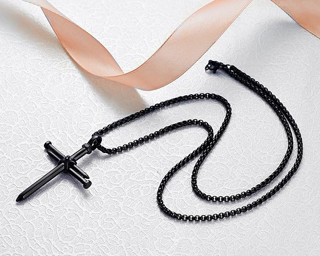 Rehoboth Men's Stainless Steel Nail Cross Pendant Necklace With 24 Inch Chain Polished Black Gold Silver