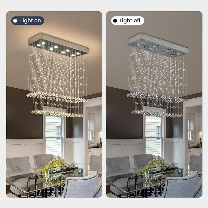 Moooni Modern Rectangular Raindrop Crystal Chandelier 8 Light Ceiling Lighting Fixture Pendant Flush Mount Rectangle Chandeliers for Dining Rooms Kitchen Island, Chrome, L 31.5" x W 12" x H 35.5"