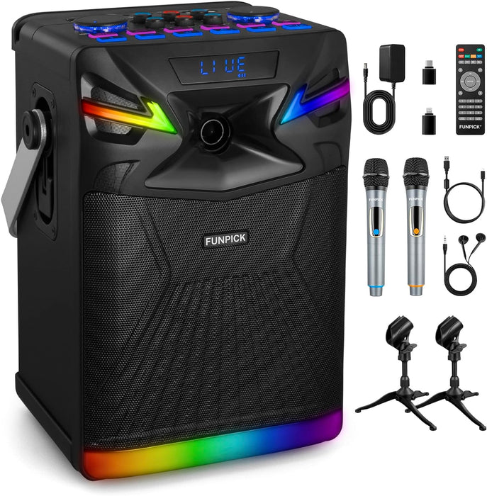 FPSK-1 DSP Bluetooth Karaoke Machine with Wireless Microphones, Portable PA System Support Live Streaming - as Projector Speaker with Sound Effect/DJ Lights/FM/Digital Recording