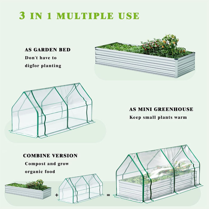 8x2x1FT Galvanized Raised Garden Bed with Greenhouse, Bottomless Flower Bed with Clear Cover, Outdoor Planter Box Kit with Dual 2-Tier Roll-Up Windows, Easy Venting & Watering