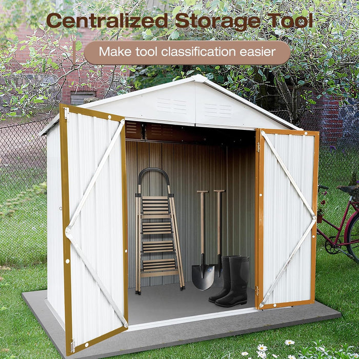 6' × 4' Metal Outdoor Storage Shed with Door & Lock, Waterproof Garde Storage Tool Shed with Base Frame for Backyard Patio,White-Bright Yellow