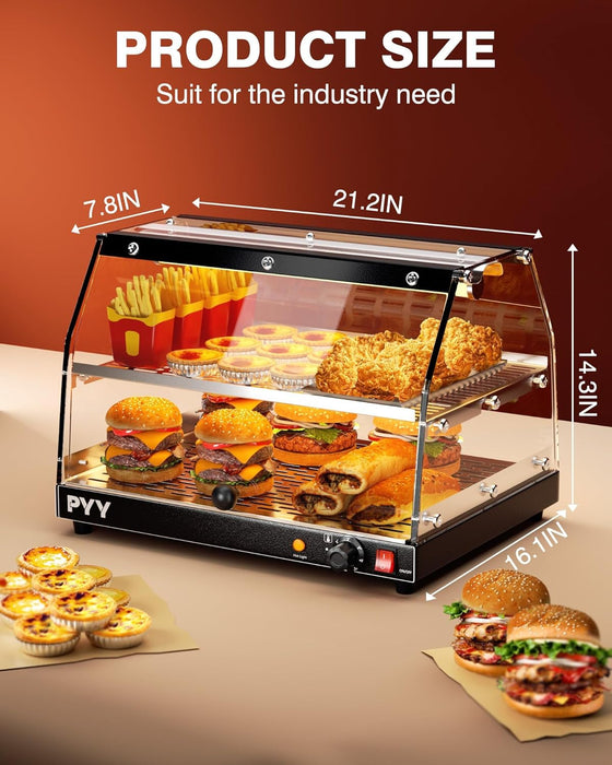 PYY Food Warmer Commercial Countertop Pizza Warmer Countertop 2-Tier with LED Lighting Food Display Warmer Pastry Display Case Pretzel Warmer Machine