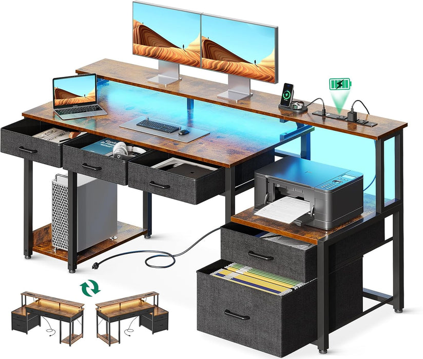 AODK Office Desk with File Drawer, 55 Inch Reversible Computer Desk with 4 Drawers & Power Outlet, LED Strip, Home Office Desk with Monitor Shelf & CPU Stand, Gaming Desk, Rustic Brown