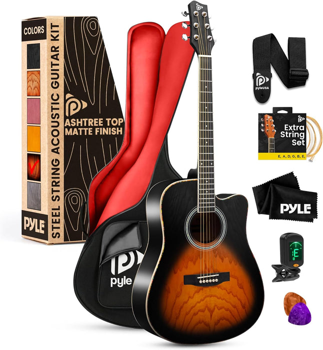 Pyle Steel String Acoustic Guitar Kit, 41" Full Size Cutaway with Ashtree Top, Open Pore Finish, Premium Accessory Set with Armored Gig Bag, Sunburst Teardrop Matte