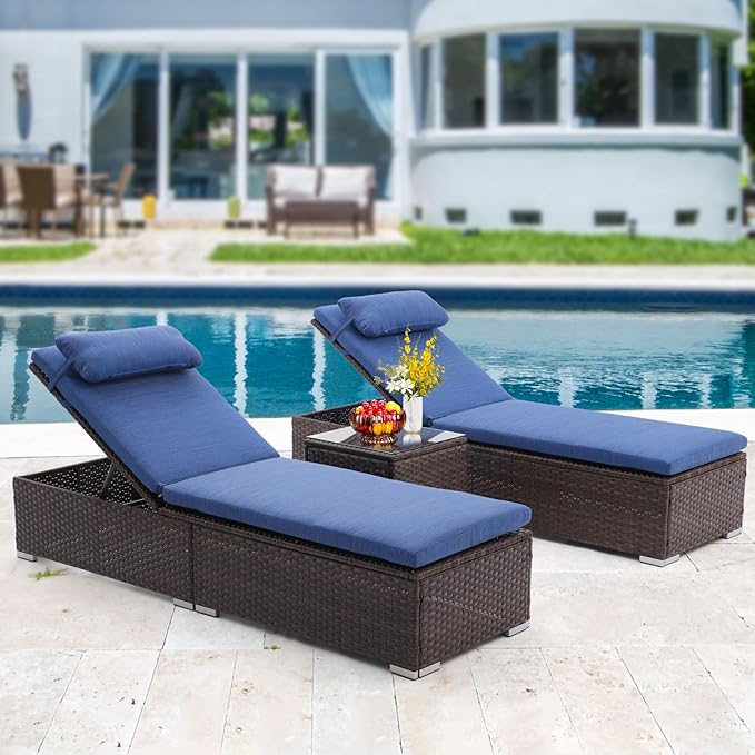 Outdoor Patio Chaise Lounge Chairs, 5-Level Adjustable Rattan Pool Lounger, All Weather Lounge Chair with Coffee Table & Thicken Cushion, for Patio, Backyard, Porch, Garden, Beach, Poolside (3 Pcs)