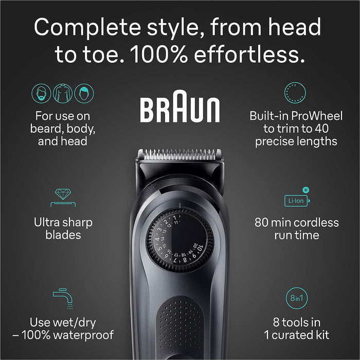 Braun All-in-One Style Kit Series 5 5470, 8-in-1 Trimmer for Men with Beard Trimmer, Body Trimmer for Manscaping, Hair Clippers & More, Ultra-Sharp Blade, 40 Length Settings, Waterproof