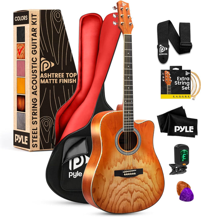 Pyle Steel String Acoustic Guitar Kit, 41" Full Size Cutaway with Ashtree Top, Open Pore Finish, Premium Accessory Set with Armored Gig Bag, Cherry Burst Matte