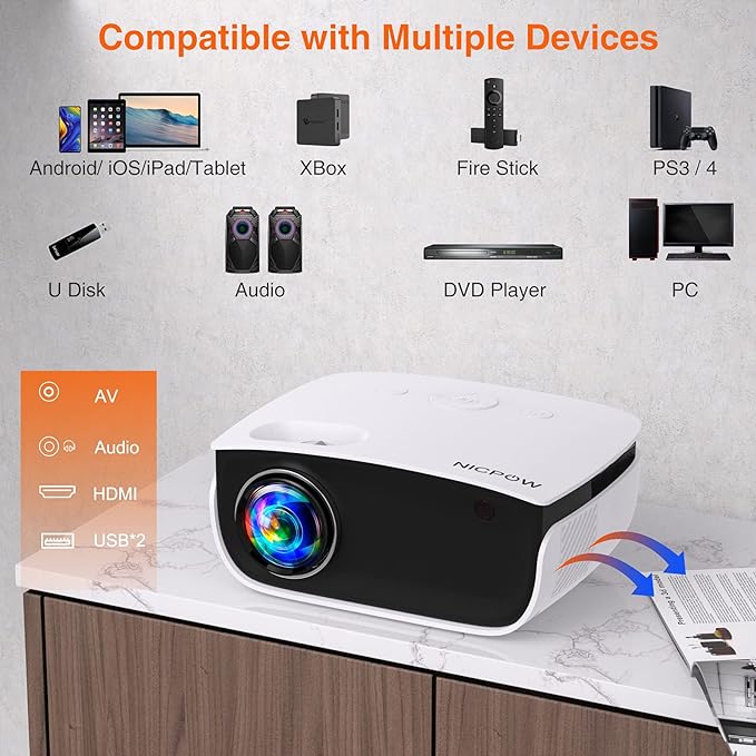 Outdoor Projector, Mini Projector for Home Theater, 1080P and 240" Supported Movie Projector 7500 L Portable Home Video Projector Compatible with Smartphone/TV Stick/PS4/PC/Laptop