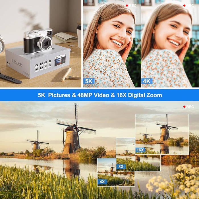 5K Digital Camera for Photography Autofocus 48MP Vlogging Camera for YouTube 16X Digital Zoom Point and Shoot Cameras with SD Card, 2 Batteries, Viewfinder & Mode Dial