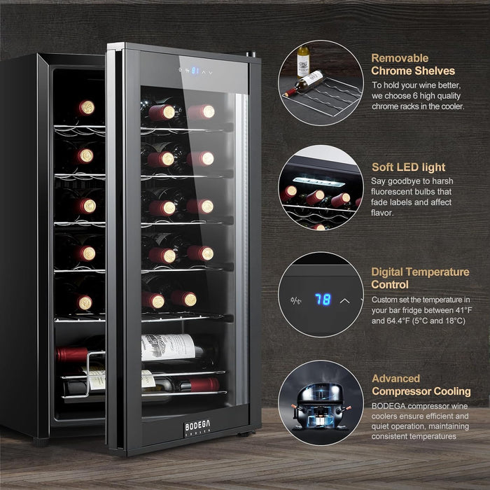 BODEGACOOLER 24 Bottle Compressor Wine Cooler, Freestanding Wine Cellar for Red, White or Champagne，Mini Fridge with 41-64.4°F Digital Temperature Control Glass Door