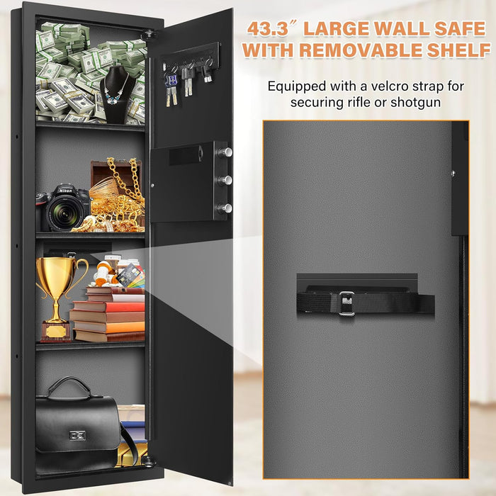 43.3" Tall Fireproof Wall Safes Between the Studs 16" Centers, 46LB Heavy Duty in Wall Safe with 3 Removable Shelf & Rifle Strap, Combination Lock Hidden Safe for Home Rifle, Cash, Jewelry, Documents