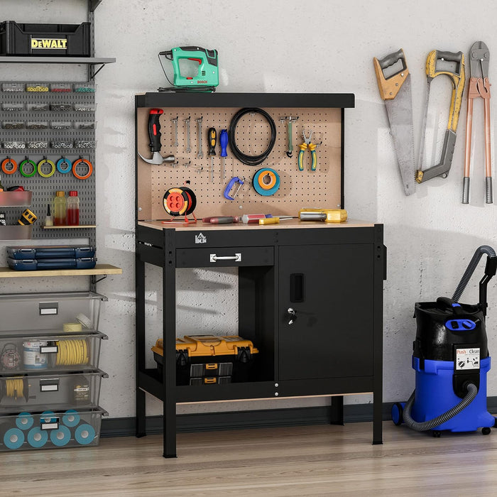 HOMCOM Multipurpose Workbench, Workshop Tool Table with Slide Drawer. Peg Board, Storage Cabinet with Keys