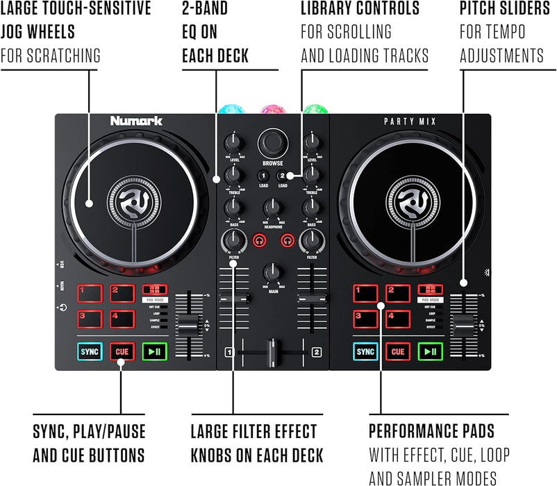 Numark Party Mix II - DJ Controller with Party Lights, DJ Set with 2 Decks, DJ Mixer, Audio Interface and USB Connectivity + Serato DJ Lite