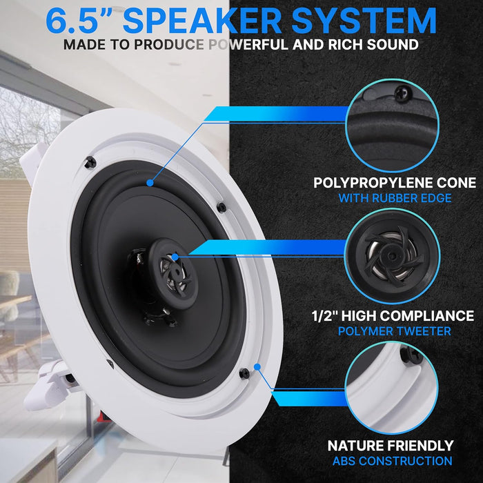 Pyle Pair 200-Watts 6.5 Inch Flush Mount 2-Way Home Speaker System with Spring Loaded Quick Connections and Dual Polypropylene Cone, White