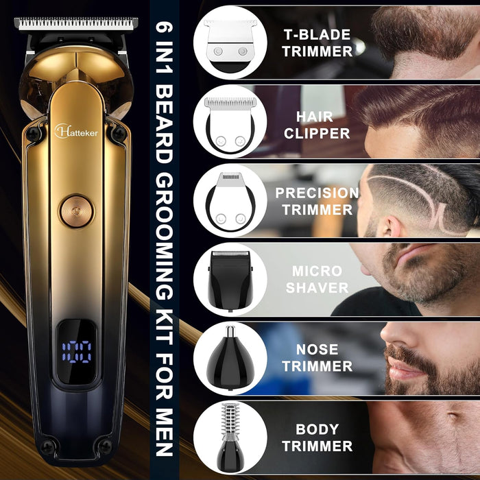 Hatteker Men's Beard Trimmer Kit Electric Razor Shaver Professional Hair Clipper with Zero Gapped T-Blade Trimmer Nose Ear Beard Body Trimmer for Men Waterproof Cordless Grooming Kit 6 in 1