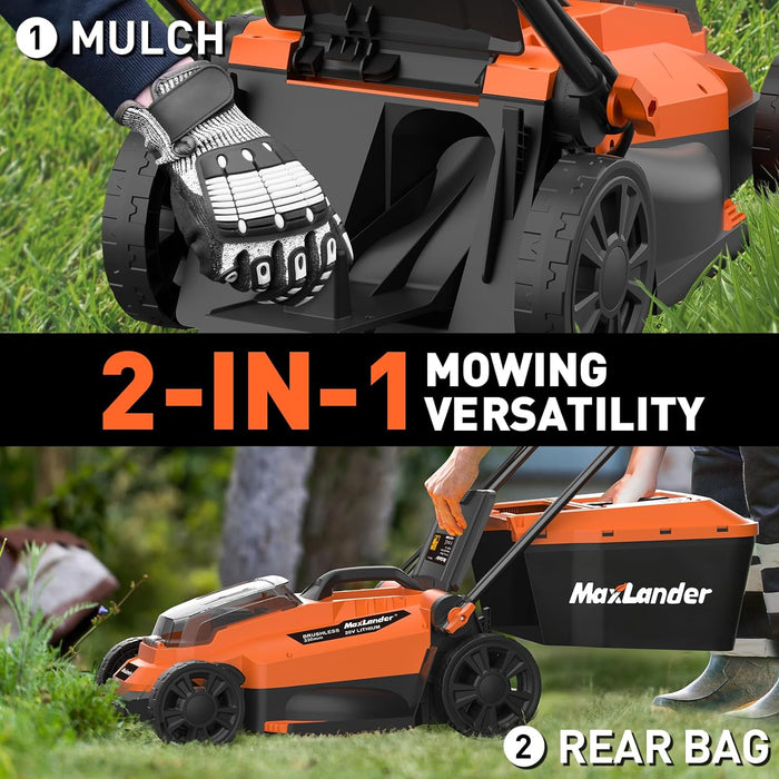 Maxlander Lawn Mower, 13Inch Electric Lawn Mower Cordless, 20V 2-in-1 Battery Powered Lawn Mower with Brushless Motor, 5-Position Height Adjustment, Battery and Charger Included