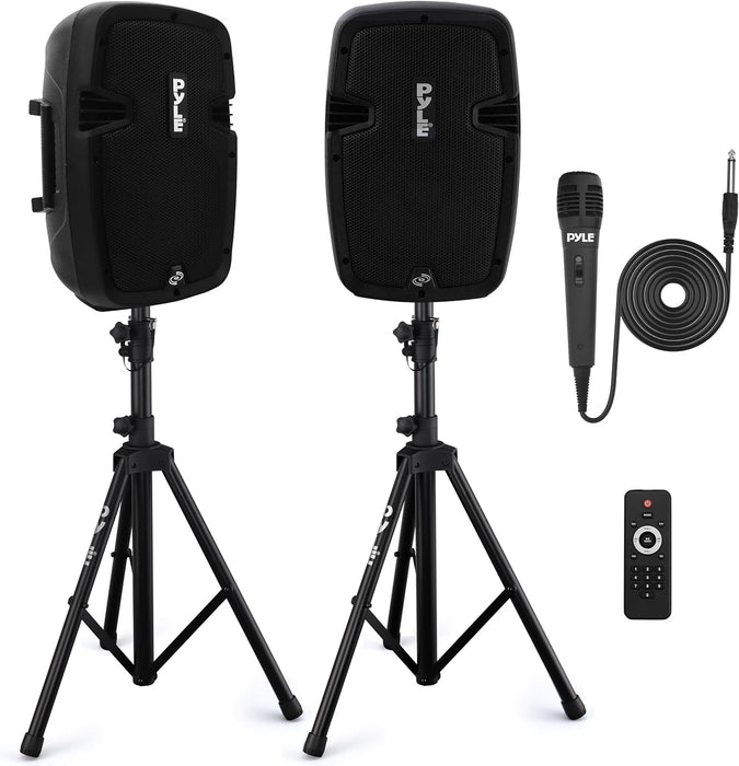 Pyle Powered PA Speaker System Active & Passive Bluetooth Loudspeakers Kit with 8 Inch Speakers, Wired Microphone, MP3/USB/SD/AUX Readers, Speaker Stands, Remote Control - Pyle PPHP849KT Black