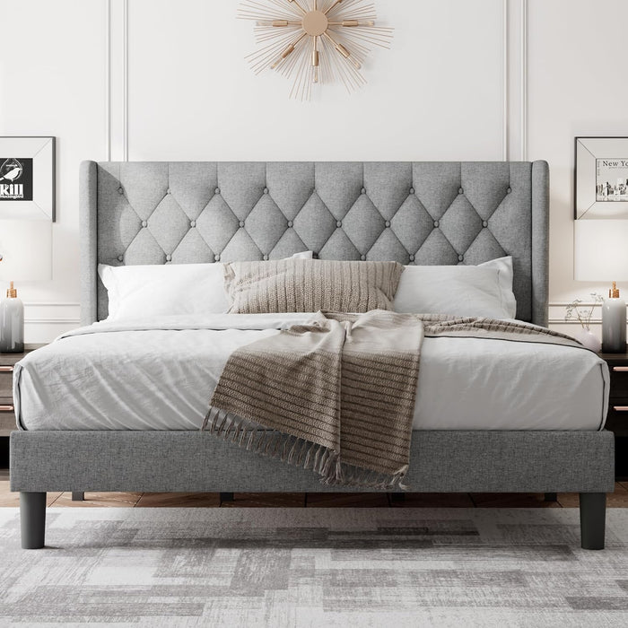 Feonase King Size Bed Frame with Wingback, Upholstered Platform Bed with Diamond Tufted Headboard, Heavy Duty Bed Frame, Wood Slat, Easy Assembly,...