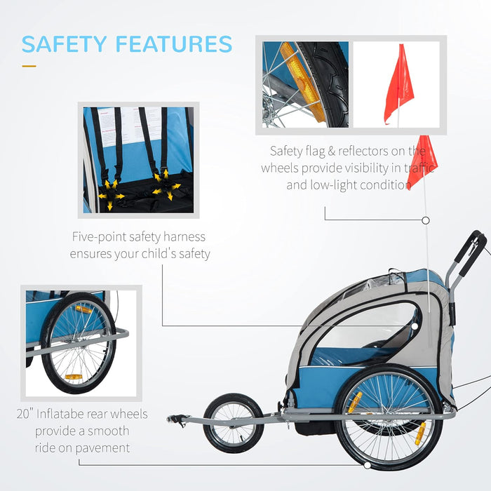 Aosom Elite Three-Wheel Bike Trailer for Kids Bicycle Cart for Two Children with 2 Security Harnesses & Storage