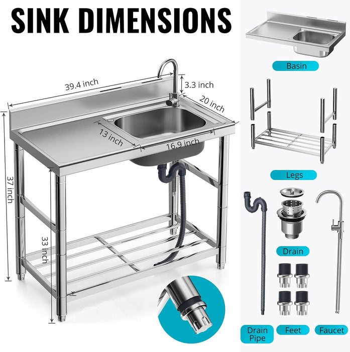 304 Stainless Steel Sink for Kitchen, Free Standing Single Bowl Utility Sink Set with faucet & Drainboard, Outdoor Sink with Hot & Cold Hoses for Garden Garage Commercial Restaurant 39in