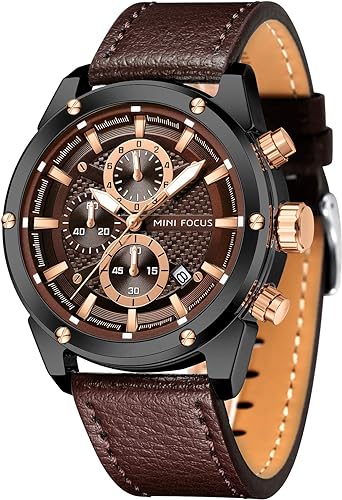 MINI FOCUS Men Watches Business Casual Wrist Watches (Multifunction/Waterproof/Luminous/Calendar) Genuine Leather Band Fashion Watch for Men