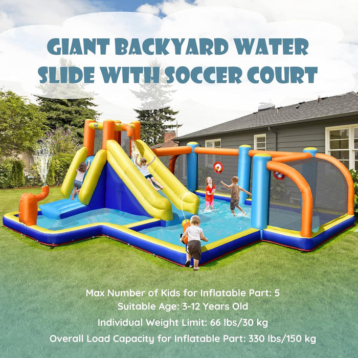 BOUNTECH Inflatable Water Slide, 15x16.5FT Mega Water Soccer Waterslide Park for Outdoor Fun with Splash Pool, 735w Blower, Climbing, Water Slides Inflatables for Big Kids Backyard Party Gifts