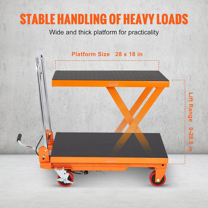 VEVOR TF15 Hydraulic Lift Table Cart, 330lbs Capacity 28.5" with 4 Wheels and Non-Slip Pad, for Material Handling and Transportation, Orange