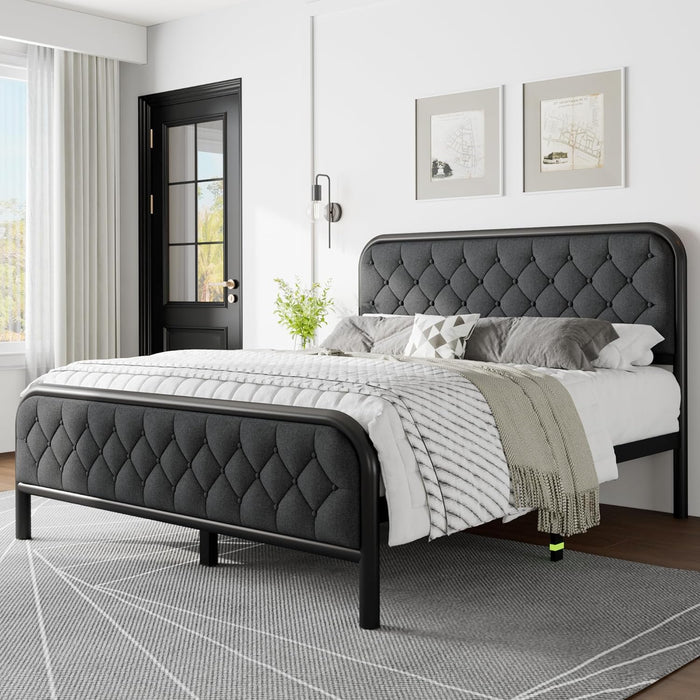 Feonase Full Size Bed Frame, Upholstered Metal Bed Frame with Liene Tufted Headboard, Heavy Duty Metal Slats, 12" Storage Space, No Box Spring Needed, Easy Assembly, Linen Gray