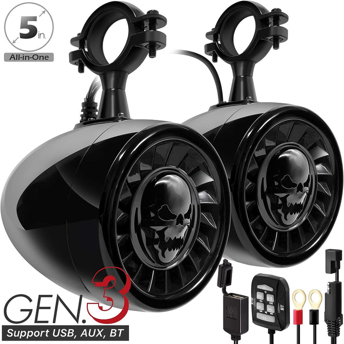 GoHawk AS5-X All-in-One 600W Built-in Amplifier 5 in. Full Range Waterproof Bluetooth ATV RZR UTV Stereo Speakers Audio Amp System AUX USB, 1.5 to 2" Rollcage Bar Polaris 4 Wheeler Can-Am