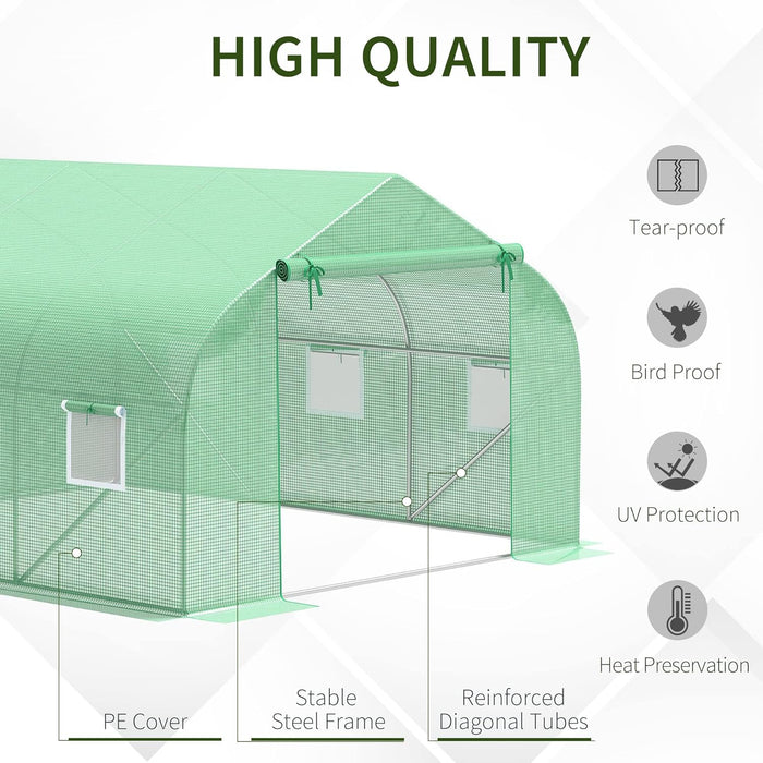 Outsunny 12' x 10' x 7' Outdoor Walk-in Greenhouse, Tunnel Green House with Roll-up Windows, Zippered Door, PE Cover, Heavy Duty Steel Frame, Green