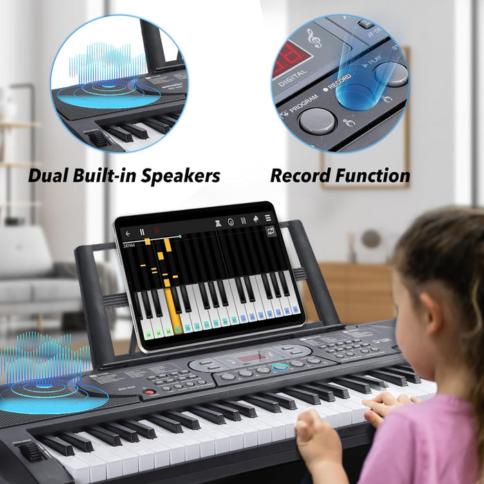 61 Keys Keyboard Piano for Beginners Electric Digital Piano with Light-Up Keys, Built-In Dual Speakers, LCD Screen, Stand, Foldable Bench, Microphone, Sheet Music Stand and Keyboard Sticker